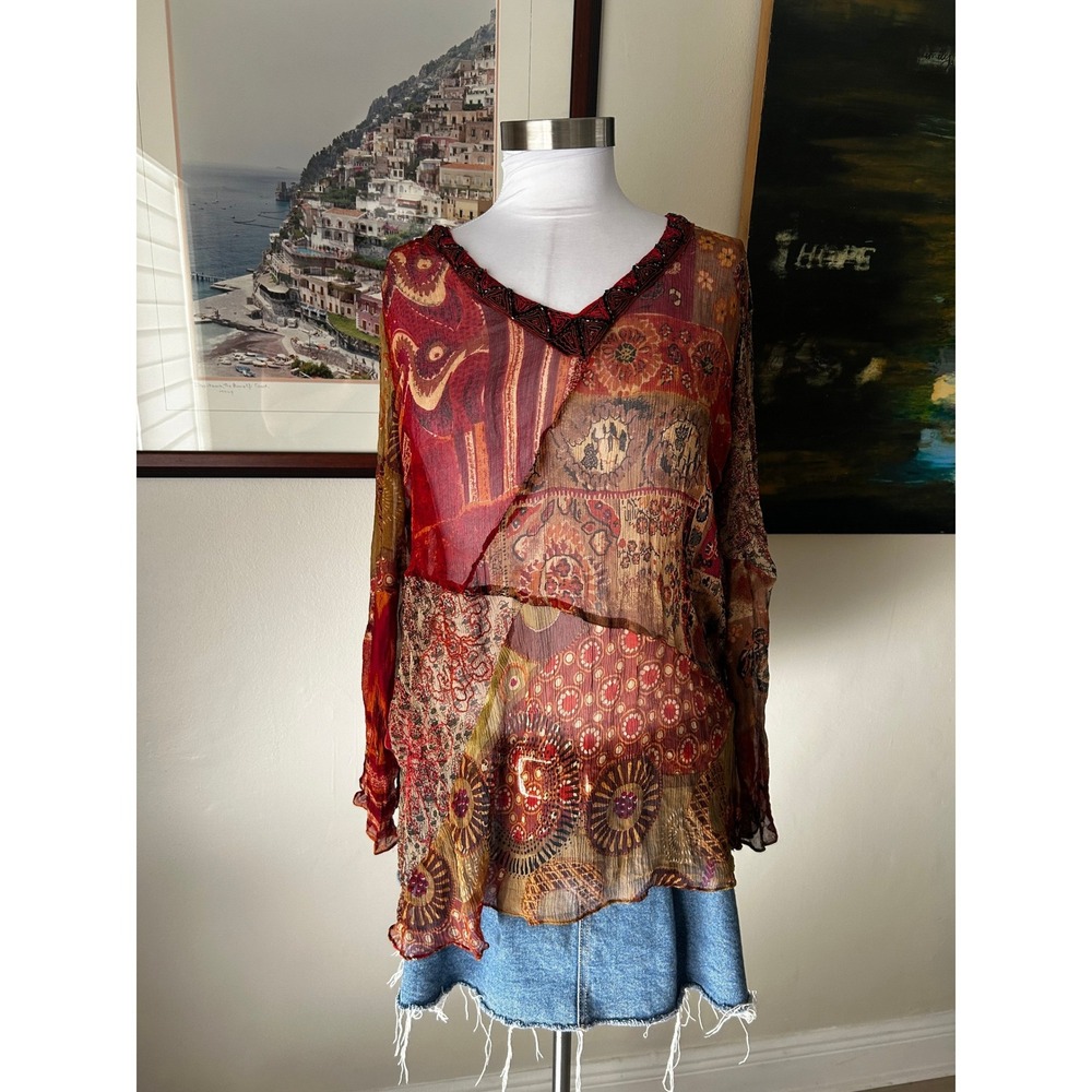 Chicos Silk Patchwork Beaded Blouse Red Brown Boho Sheer Top Size 3